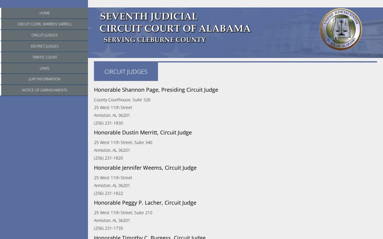 Official Seventh Judicial Circuit judge roster and contact page for Cleburne County cases
